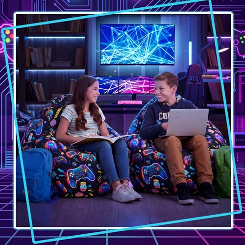 Boao 27'' Large Game Player Kids Bean Bag Chairs Cover (No Filling) Washable Stuffed Animal Storage Beanbag Chair for Kids Canvas Bean Bag Cover with Zipper for Boys Organizing Plush Toys Textile Sack - color: Neon Game, size: 27 Inches