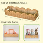 Nursery Book Shelves Set of 2 , Natural Rattan Handwoven Scalloped Floating Shelves , Wicker Rattan Nursery bookshelves, 15.8" W Wall Storage Baskets for kids,Boho , 3 in 1 Shelf ,Tray and Organizer