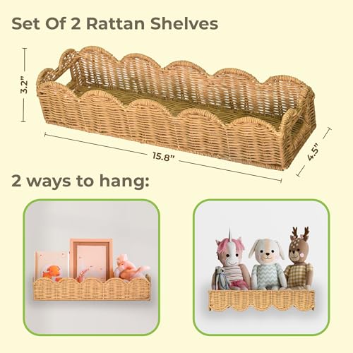 Nursery Book Shelves Set of 2 , Natural Rattan Handwoven Scalloped Floating Shelves , Wicker Rattan Nursery bookshelves, 15.8" W Wall Storage Baskets for kids,Boho , 3 in 1 Shelf ,Tray and Organizer