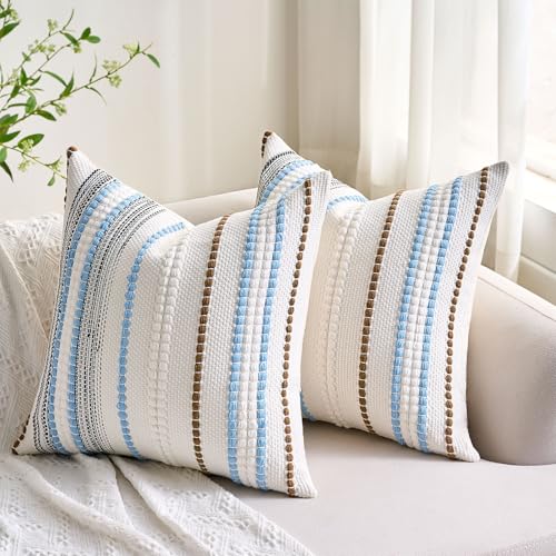 Farmhouse Throw Pillow Covers 18x18 Coastal Blue Boho Decorative Striped Cushion Covers Accent Pillows Square Rustic Textured Woven Bohemian Neutral Pillowcase for Sofa Couch Bed Living Room,Set of 2 - color: Blue, size: 18" x 18" (Pack of 2)
