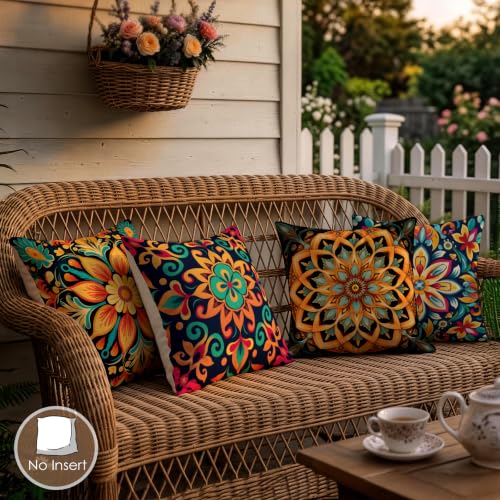 OBSEDE Boho Mandala Throw Pillow Covers 18x18 Set of 4, Farmhouse Decor for Home Couch Sofa Living Room, Rustic Floral Decorative Cushion Cases - color: Boho Mandala