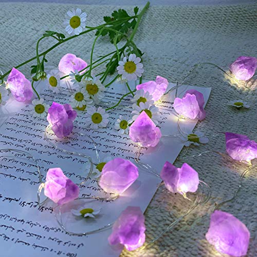 Genuine Amethyst Crystal Fairy Lights, Natural Healing 20 Raw Stones String of Lights 6.5ft Remote Control USB Plug in for Reiki Ornaments Bedroom Wedding Decoration