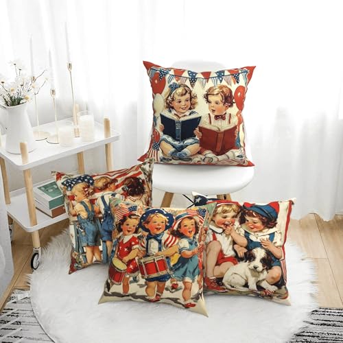 4th of July Patriotic Vintage Throw Pillow Covers 18 X 18 Inch Set of 4 Decorative Cushion Cover Home Decor for Sofa Chair Couch Bedroom Living Room - color: Patriotic