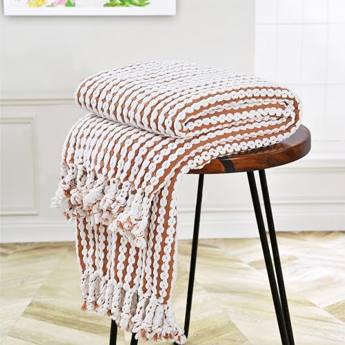 Striped Knit Throw Blanket with Braided Tassels 50" x 60", Hand Knitted Soft Chunky Chain Design Boho Farmhouse Blanket, Two Tone Tassel Decor Throw for Couch Bed Sofa Outdoor, Camel White - color: Camel White
