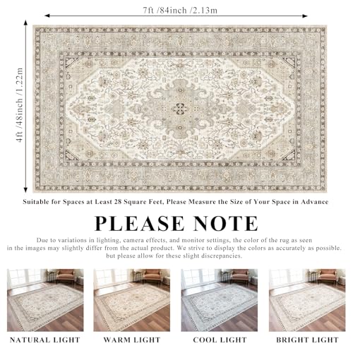 4x7 Rug Entryway Washable: Oriental Area Rugs for Kitchen - Ultra Thin Low Pile Stain Resistant Carpet - Home Decor for Vintage Style Lover (4x7 Ivory/Multi) - color: Ivory, size: 4' x 7' (Rectangular)