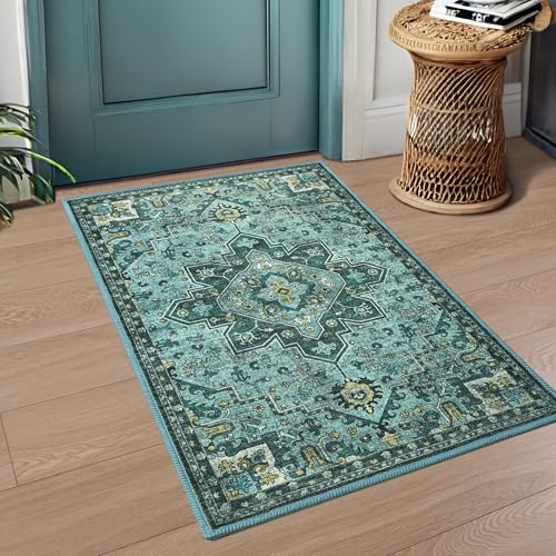 Foxmas Small Rugs for Entryway，2x3 Machine Washable Doormat Indoor Entrance Vintage Rug, Non-Slip Low Pile Throw Rugs for Entryway Bedroom Kitchen Living Room, Teal - color: Teal/Multi, size: 2' X 3' (Rectangular)