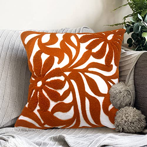 Alysheer Farmhouse Floral Leaves Embroidered Decorative Throw Pillow Cover 18x18 inches, Boho Tufted Flowers Embroidery Pattern Chic Cotton Cushion Case for Couch Bed Sofa Living Room(Burnt Orange) - color: Burnt Orange Floral, size: 18" x 18" (Pack of 1)