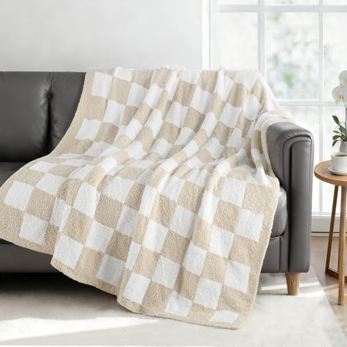 Exclusivo Mezcla Checkered Knit Throw Blanket, Ultra Soft and Warm Reversible Woven Blankets, Cozy Snuggly Throw for Couch Bed and Home Decor, Khaki, 50"x60" - color: Khaki, size: Throw (50"x60")