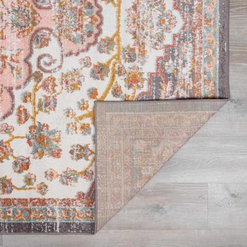 Hauteloom Oark Oriental Bohemian Living Room Bedroom Area Rug - Boho Vintage Distressed Carpet - Medallion - Soft Color Carpet - Pink, Beige, Orange - 7'10" x 10'3" - color: Brick Red, Camel, Charcoal / Oark, size: 7'10" x 10'3" (Rectangular)
