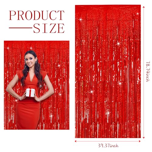 3 Pack Red Streamers Party Backdrop Christmas Decorations Foil Fringe Backdrop Curtains Carnival Casino Theme Birthday New Year Holiday Celebration Bachelorette Party Decorations Supplies - color: Red