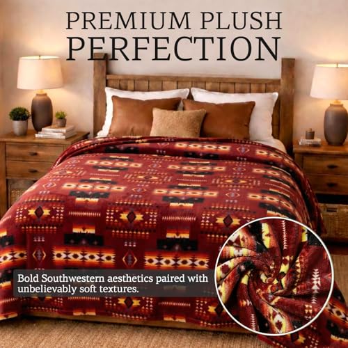 Sacred Thread Aztec Blanket Fleece, Reversible Native American Blanket, Western Throw, Native American Western (Burgundy Flannel), Full (60”x80”) - color: Burgundy Flannel, size: Full (60”x80”)