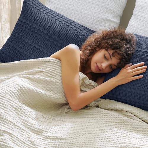 PHF 100% Cotton Waffle Pillow Shams Standard Size, 2 Pack 20" x 26" Soft Skin-Friendly Pillowcases, No Filling, Aesthetic Woven and Breathable Waffle Weave Pillow Case Covers for Bed, Indigo - color: Indigo, size: 26" x 20" (Pack of 2)