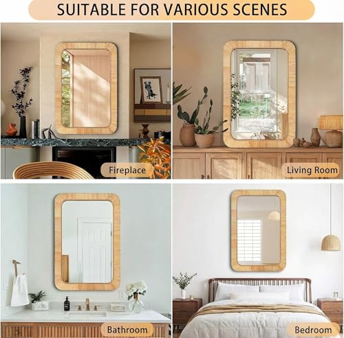 Rattan Rectangular Mirror 24x36, Boho Decorative Wall Mirror for Bathroom, Farmhouse Vanity Mirror for Nursery, Bedroom, Living Room Decor, Nursery & Children's Room - color: Rectangular, size: 36"L x 24"W