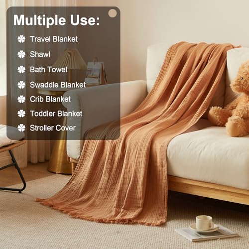 Cotton Muslin Throw Blanket with Tassels, Lightweight Woven Gauze, Pre-Washed Breathable Farmhouse Decor for Bed, Couch, All-Season Use (Tan, 50" x 60") - color: Tan, size: 50" x 60"