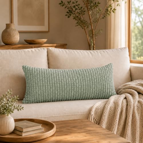 JoraLion 14x26 Boho Decorative Lumbar Throw Pillow Cover, Seafoam Green Cozy Soft Striped Corduroy Long Rectangle Cushion Case Accent Home Decor for Sofa Bed Room Livingroom, ONLY Cover - color: Seafoam Green, size: 26" x 14" (Pack of 1)