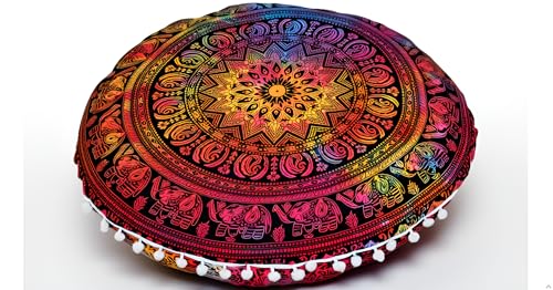 Round Mandala Floor Pillow Cover Seating Cushion Throw Cover Hippie Decorative Bohemian Ottoman Pouf Cover, Pom Pom Pillow Cases,Boho Indian 22 Inches (Multi Elephant Flower) - color: Multi Elephant Flower