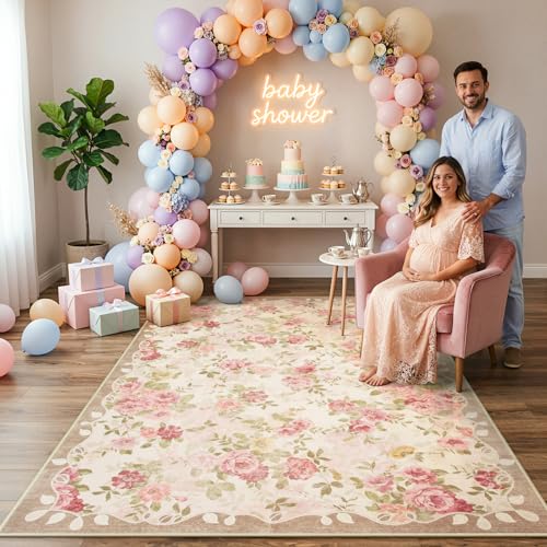 Lahome Floral Washable Rugs 5x7,Rugs for Living Room Pink Area Rug,Vintage Rugs for Bedroom Girls Non Slip Low Pile Ultra-Thin Large Carpet for Office Dining Room,Kids Playroom Nina (5'X7',Beige) - color: Beige, size: 5' X 7' (Rectangular)