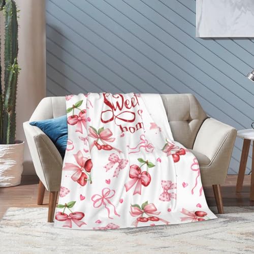 Pink Cherry Throw Blanket, Summer Fruit Retro Red Ribbon Sweet Home Seasonal Warm Cozy Farmhouse Flannel Soft Blanket for Couch Chair Sofa Bed Bedroom Living Room Car Camping 30"x 40" - color: Cherry01, size: 30X40 inch