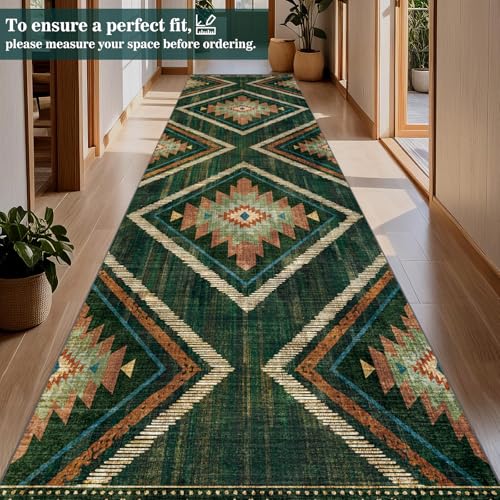 Boho Runner Rugs for Hallway 3x14Ft Non Slip, Long Wide Green Moroccan Washable Kitchen Rug Runner, Soft Geometric Entryway Floor Carpets for Entrance Doorway Home Office Decor - color: Green, size: 3' x 14' (Rectangular)