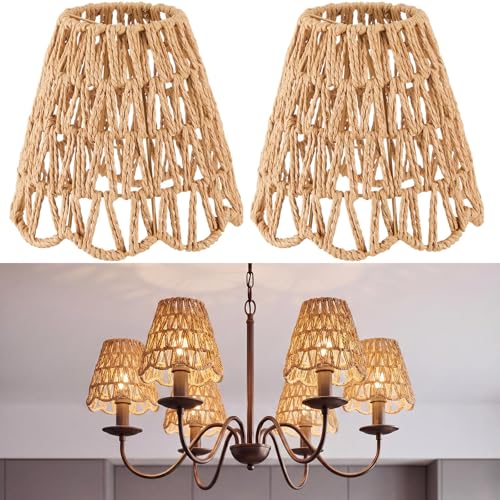 Glooglitter Small Clip-on Chandelier Rattan Lamps Set Shade Scalloped Lampshade 3"top x 6"bottom x 5-1/4"slant Height Empire Lamp Shade Chandelier or Accent Lamp(V Paper Rope,Naturals,2 Pcs) - color: Naturals, size: V Paper Rope