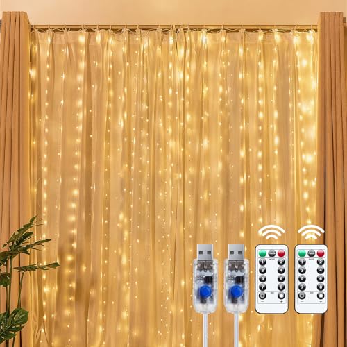 Brightown 300 LED Fairy Curtain Lights, 9.8ft x 9.8ft String Lights, USB Plug in 8 Lighting Modes Christmas String Hanging Lights with Remote for Bedroom Indoor Outdoor Party Xmas Warm White 2 Pack - color: Warm White, size: 2 Pack-300 LED-USB Plug