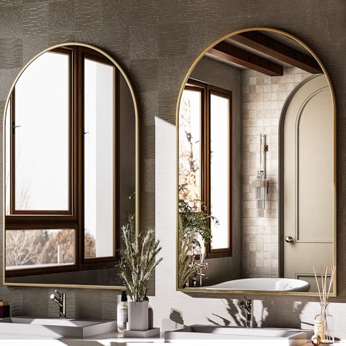 HARRITPURE Arched Wall Mirror – 26"x38" Arch Bathroom Mirror Metal Frame Vanity Mirror for Bedroom, Entryway Dresser Decor, Gold - color: Gold-1pcs, size: 38"L x 26"W