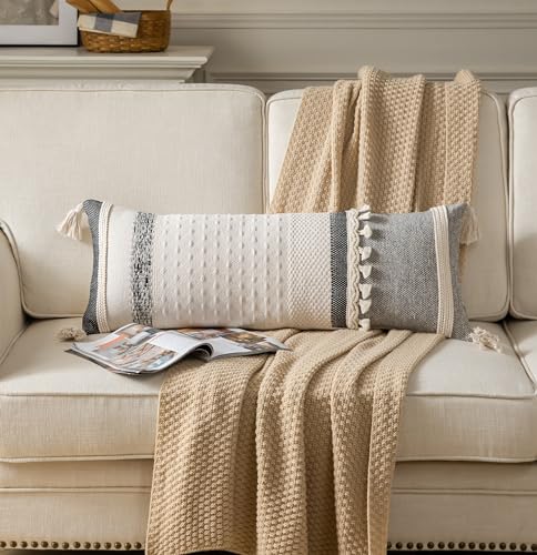 Caflife Boho Lumbar Throw Pillow Cover 14X36 Long Decorative Pillows for Bed, Black Beige Woven Body Pillow Cover for Farmhouse Chair Sofa Bedroom Living Room Home Decor Couch Cushion Case, Pack of 1 - color: Black Beige, size: 36" x 14" (Pack of 1)
