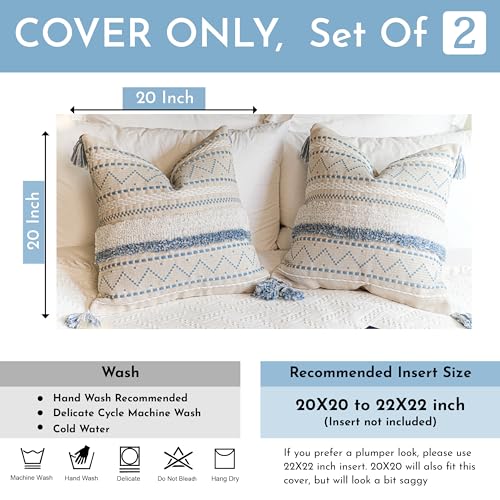 BlissBlush Decorative Throw Pillow Covers 20x20 Combo Set of 2 Square Coastal Blue Boho Accent Pillowcase Tassels Farmhouse Cushion for Couch Sofa Bedroom Living Room Home Décor Cover ONLY - color: Blue, size: 20" x 20" (Pack of 2)