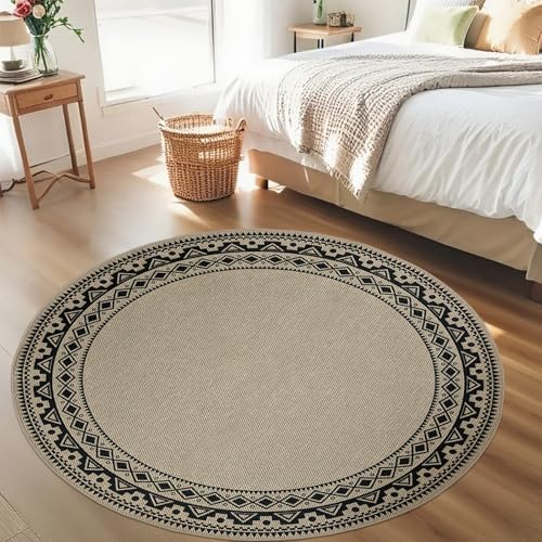 Round Easy Jute Rug 4Ft Boho Carpet for Farmhouse Cottage Bedroom Living Room Entryway Balcony Patio, Circle Black Geometric Washable Low Pile Thin Floor Mat, Indoor Outdoor Home Decor - color: Boho, size: 4'