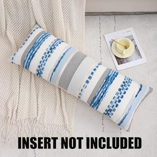 Boho Lumbar Throw Pillow Cover 14x36 Long Body Lumbar Decorative Pillow Case Accent Chenille Striped Pillowcase Farmhouse Cushion Case for Home Decor Sky Blue (1 Piece) - color: Sky Blue Stripe, size: 36" x 14" (Pack of 1)