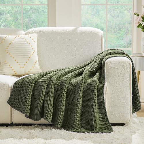 Olive Green Throw Blanket, Olive Cable Knit Throw Blanket for Couch, Soft Cozy Stretchy Reversible Garter Knitted Blankets for Bed, 50"x60", Olive Green - color: Olive Green, size: 50"x60"