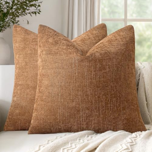 Set of 2 Textured Throw Pillow Covers Decorative Soft Accent Square Chenille Pillowcases Neutral Farmhouse Cushions Modern Home Decor for Couch Sofa Bedroom Living Room 18x18 Inch,Bronze - color: Bronze, size: 18" x 18" (Pack of 2)