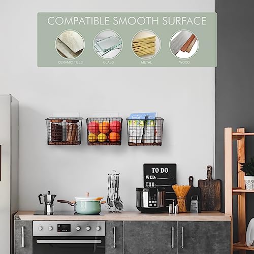 Wall Hanging Baskets 3 Pack, Diversified Wire Basket Shelves of Wooden Style, with Wall Mounted Hooks & Traceless Stickers, for Kitchen Coffee Bar Office Room Garage Storage Organization (Large) - size: Large