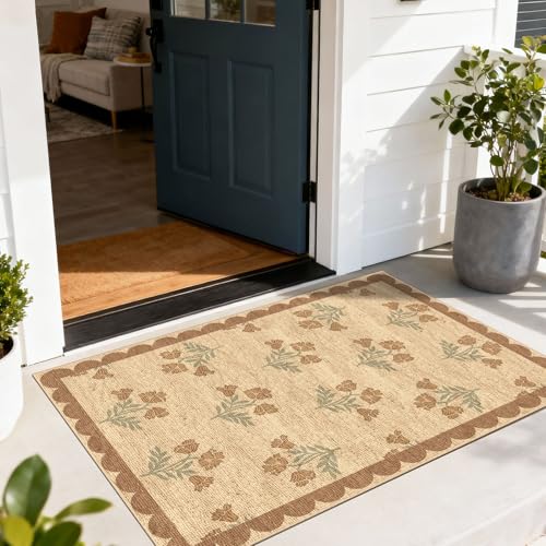 Floral Outdoor Rug - 28" x 43" Front Door Mat Indoor Outside Entrance Non-Slip Washable Outdoor Mat Jute-Look Tan Scalloped Rug for Entryway Kitchen Mudroom Layered Doormat for Front Porch - color: Flower - Wheat/Tan/Sage, size: 2'4" x 3'7" (Rectangular)