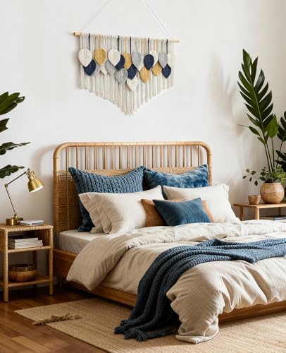 Tempospark Large Macrame Wall Hanging, 39" Wx29 L Boho Wall Hanging, Boho Chic Leaves Tassels Tapestry for Bedroom, Living Room, Dining Room, Nursery, Hallway, Balcony - color: Deep Ocean, size: 29"L x 39"W