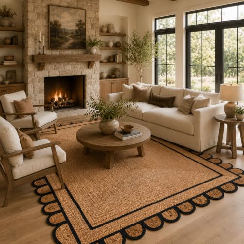 Braided Scalloped Jute Rug Natural with Black Trim, Handmade Farmhouse Boho Area Rug for Entryway, Kitchen, Hallway, Living Room, Bedroom, Rustic Woven Floor Rug - (Black- 12X9 ft) - size: 9' x 12' (Rectangular)