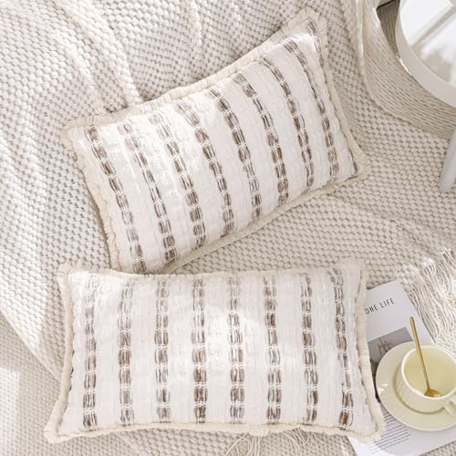 LUOYEHK Chenille Striped Throw Pillow Covers 12x20 Inch Set of 2 Boho Khaki Decorative Pillowcases with Fringe Farmhouse Neutral Cushion Covers for Couch Sofa Bed Living Room - color: Khaki, size: 20" x 12" (Pack of 2)
