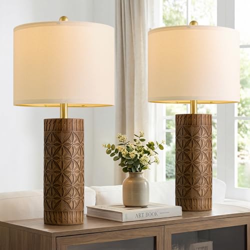 BOBOMOMO 27" Tall Table Lamps Set of 2, Modern Farmhouse Geometric Bedside Lamps, Rustic Wood Grain Resin Nightstand Lamps for Living Room, Bedroom, Entryway, Linen Shade, Cottage Home Decor - size: 27"