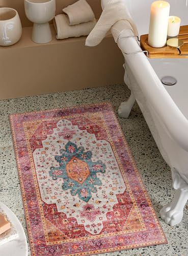 Moynesa Ultra-Thin Washable Runner Rug - Pink 2x4 Bedroom Bathroom Rug Runner Non-Slip Kitchen Rugs, Vintage Stain Resistance Low Pile Entryway Carpet Runner for Hallway Laundry Room - color: Pink/Multi, size: 2' x 4'