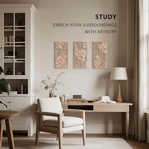 VIYYIEA Boho Solid Wood Carved Wall Art Set of 3, Geometric Minimalist Wooden Home Decor Panels, Handcrafted Solid Wood Wall Hanging for Living Room Bedroom Hallway, 16 x 8 Inch Each (Leaves Oak) - color: Leaves