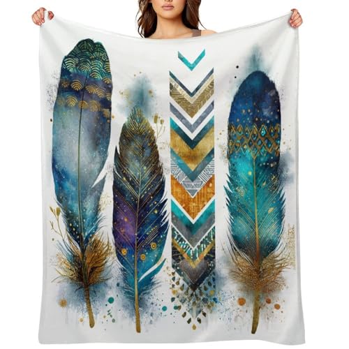 Blanket Feather Pattern Blue Throw Blanket for Women Men, 50"x60" Vintage Watercolor Gold Branch Plush Flannel Throws, Decor for Bed Couch Bedroom - color: Feather Pattern Blue, size: 50"x60"
