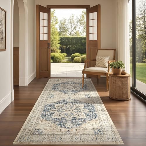 Tortania Area Rug 2x8 Runner Rugs - Washable Vintage Oriental Farmhouse Thin Indoor Carpet for Living Room Bedroom Hallway Entryway Kitchen Under Dining Table Home Office - Cream/Blue - color: Cream/Blue, size: 2' x 8' (Runner)