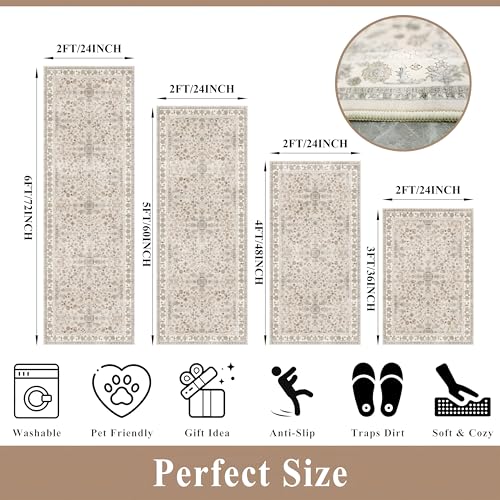 4-Piece Kitchen Rug Set with Runner – Washable Non-Slip Floor Mats for Sink, Entryway, Hallway, Bathroom – Soft Low-Pile Thin Boho Floral Rugs,Kitchen Decor (Beige, 2x3+2x4+2x5+2x6) - color: Beige, size: 2'x3'+2'x4'+2'x5'+2'x6' (Rectangular)