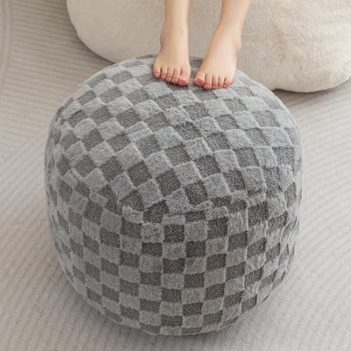 HIGOGOGO Round Stuffed Pouf Ottoman, Plaid Poufs with Foam Chunk Filling, Fluffy and Furry Pouf Foot Stool Storage Ottoman, 20 X 15 Floor Poufs Foot Rest for Living Room, Grey - color: Plaid Grey, size: 20"D x 20"W x 15"H