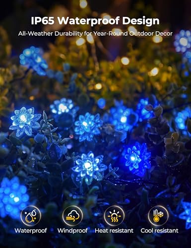 Brightown 50 LED Blue Flower Solar String Lights for Outside, 23FT Solar Christmas Lights Outdoor with 8 Modes, Fairy Lights Decorative for Yard Garden Fence Porch Tree Party Wedding - color: Blue, size: 1 Pack