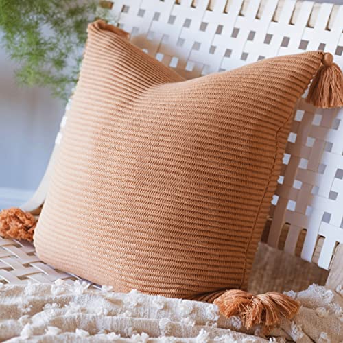 100% Soft Cotton Boho Throw Pillow Cover Ribbed Knit Texture with Handmade Tassels Cozy Decorative Accent (20x20, Baked Clay, Baked Terracotta) - color: Baked Clay, size: 20" x 20" (Pack of 1)