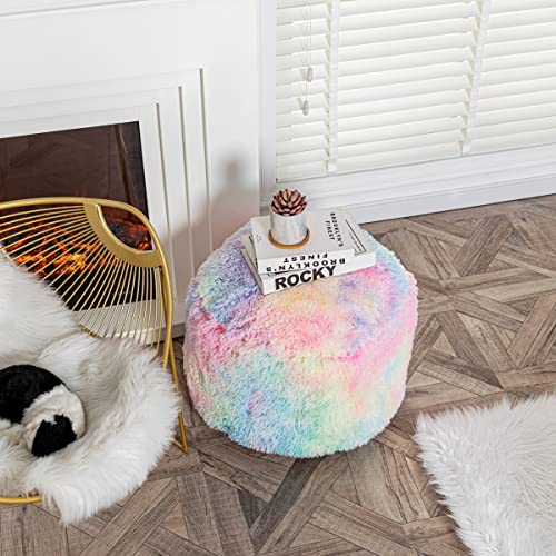 Asuprui Pouf Ottoman Unstuffed Round Bean Bag Poof Ottoman Seat Soft Faux Fur Footrest Stool 20x20x12 Inches Fuzzy Chair Floor Chair Foot Rest with Storage for Living Room Bedroom Rainbow Pouf Cover - color: Rainbow
