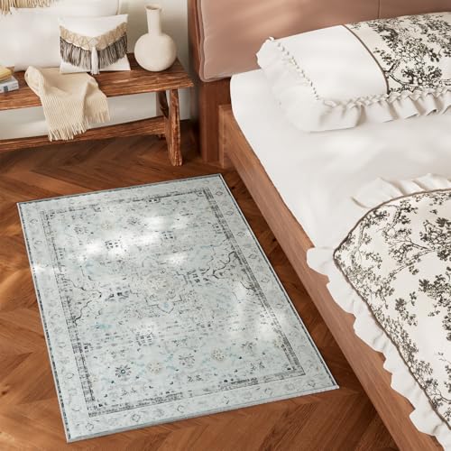 AMTOVO 2x3 Washable Entryway Area Rug Door Mat, Vintage Boho Distressed Print Pattern Non-Slip Carpet, Small Throw Rug for Indoor Entrance Kitchen Bedroom Bathroom Laundry Floor, Light Grey - color: Light Grey, size: 2' x 3' (Rectangular)