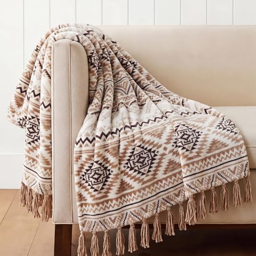 CASAAGUSTO Boho Throw Blanket with Tassel, Farmhouse Western Flannel Bohemian Blanket, Vintage Native Mexican Decorative Throw, Ideal for Gifting (50x60 Inches, Brown White) - color: Brown White, size: 50X60
