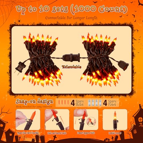 YOUNGAR Orange Halloween Lights, Clear Christmas Lights Outdoor,13FT 50 Approved Christmas String Light with Brown Wire,Incandescent Mini Light Plug in for Indoor Tree Patio Garden Xmas Decor - color: Orange, Brown Wire, size: 50 Count 1Pack